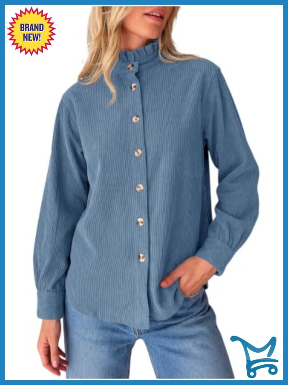Womens Corduroy Button Down Shirt Long Sleeve Ruffle Collar Loose Fit Top